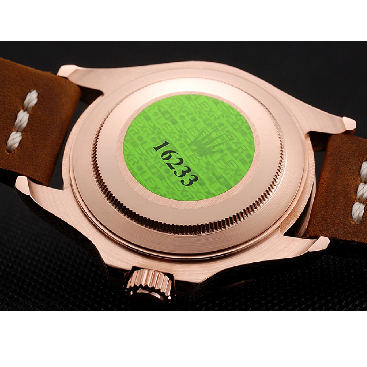 Aaa replica watch 1453861 Rolex Dial Master Black Rose Leather Case Yacht Brown Gold Bracelet 0628